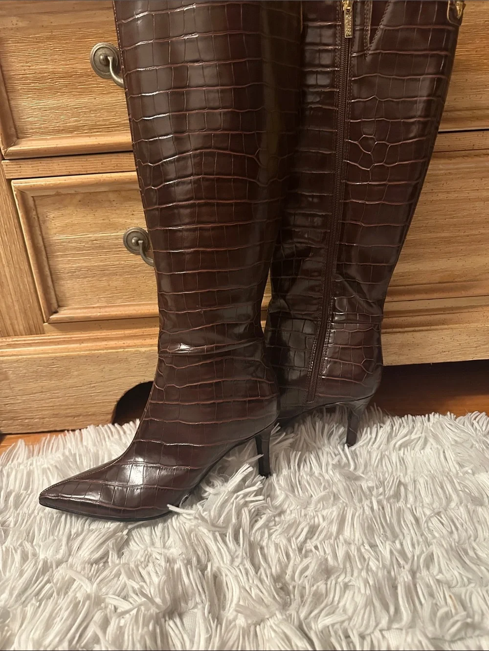 Guess Croc-Embossed Over-the-Knee Boots in Dark Brown